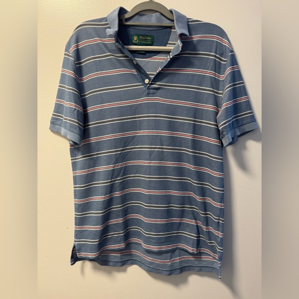 Brooks Brothers St Andrew’s Links gold blue pink brown polo Euc medium